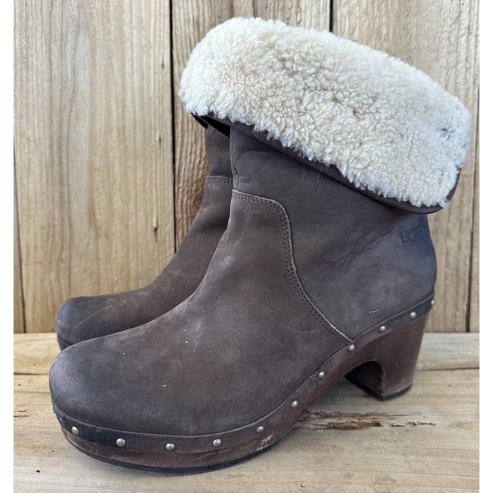 UGG Lynnea Suede Shearling Cuffed Heeled Boots Women 8 Brown Excellent